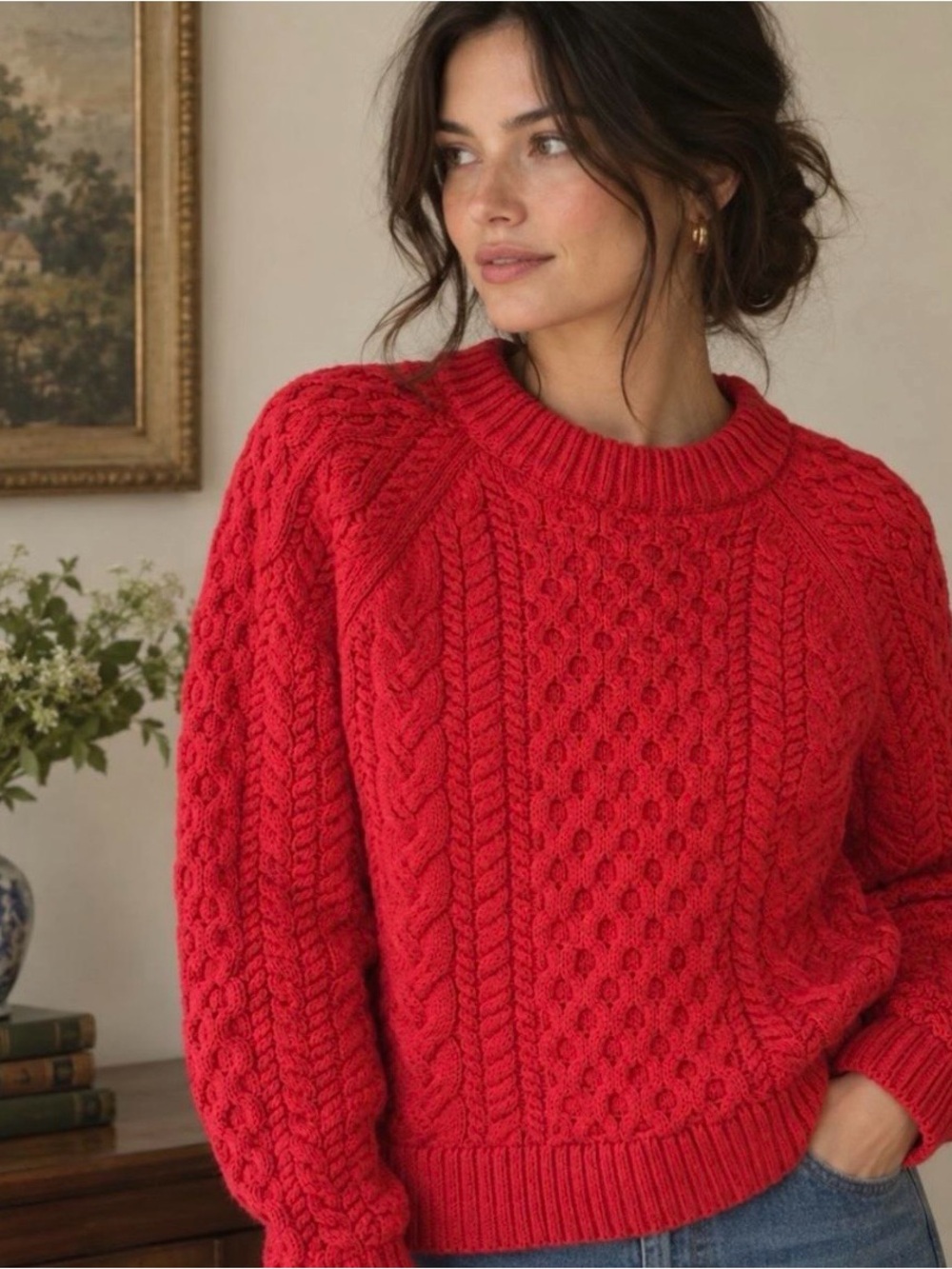 JCrew Red Cable Knit Fisherman Sweater - Women